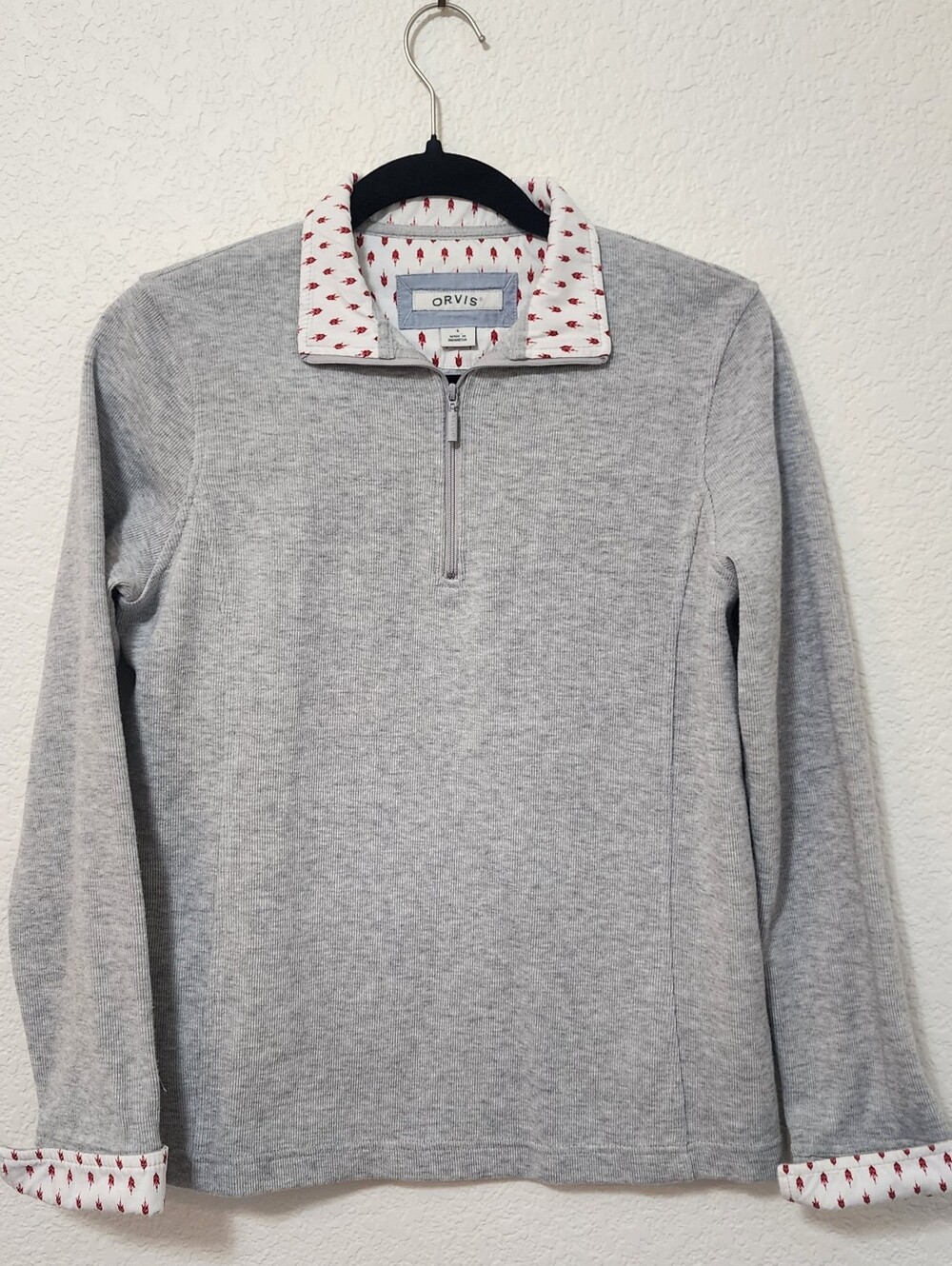 Orvis Sandy Point Ribbed Quarter Zip Pullover Gray Red Print Cuff Collar Small